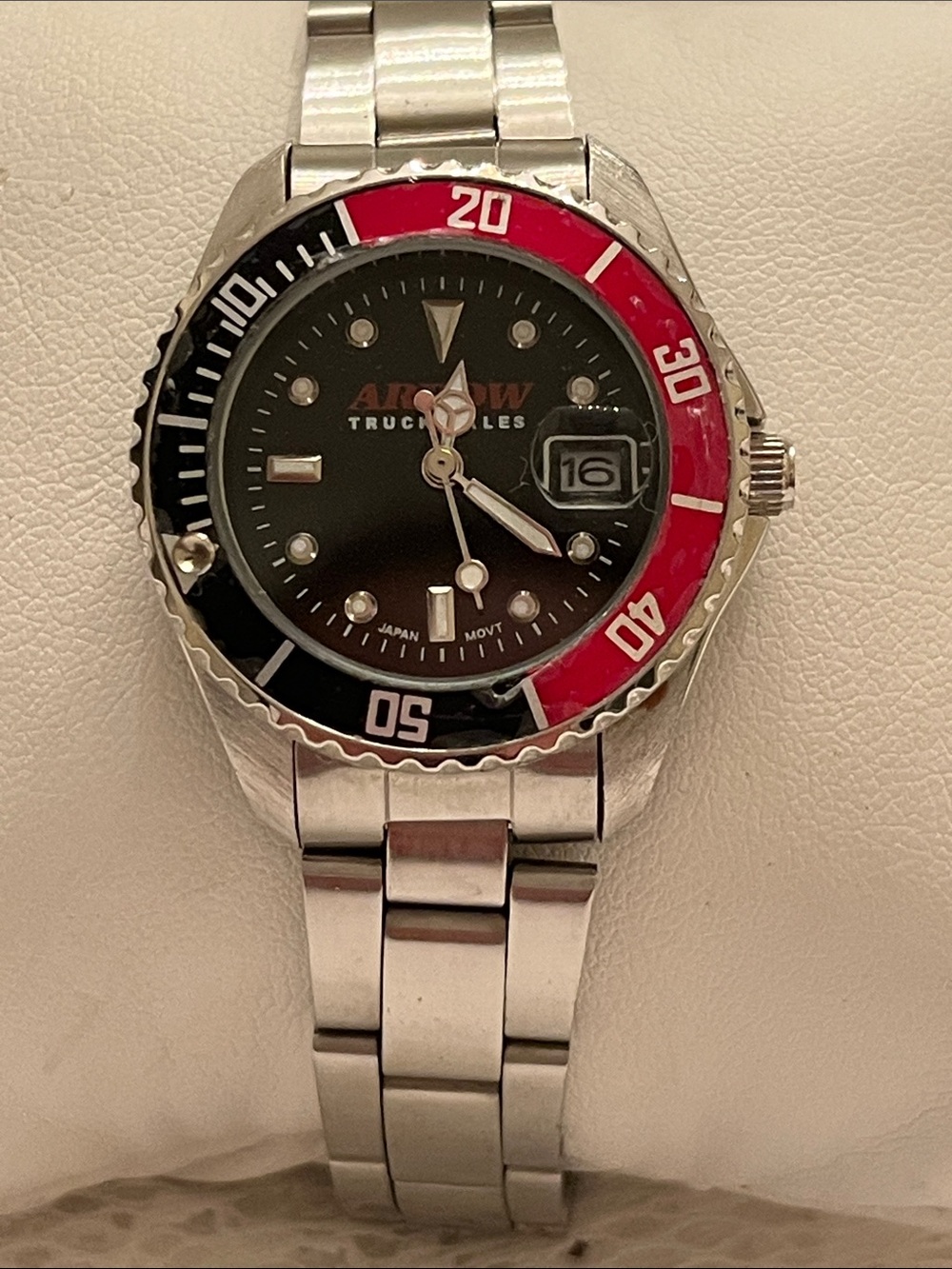 Stainless Steel Diver-Style Watch with Red & Black Bezel